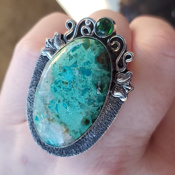 New Chrysocolla & Diopside 925 Silver Butterflies Statement Ring. - Picture 11 of 16